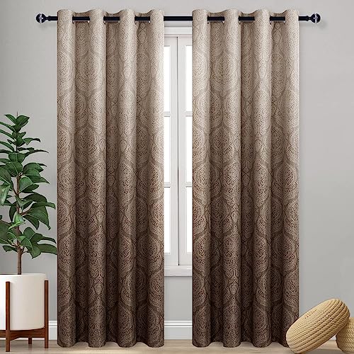 DWCN Ombre Room Darkening Curtains 84 Inch Length for Bedroom - Damask Patterned Thermal Insulated Energy Saving Grommet Curtains for Living Room, 2 Panels Window Curtain Panels, 52 x 90 Inch, Brown