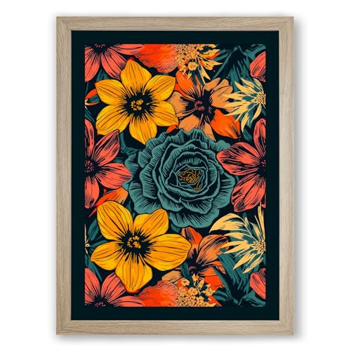 Festive Floral Tapestry Botanical Framed Wall Art Print A3 (42×29.7cm) Oak, Wall Decor for Living Room, Bedroom, Office & Home, Ready to Hang, Art Gift