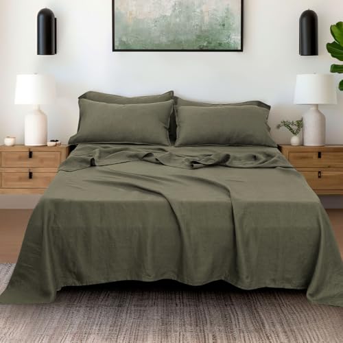 S VICTORY SYMBOL 100% Organic Linen Sheets Set Queen Size,Washed French Flax Bed Sheets 4Pcs(2 Pillowcases,1 Fitted Sheet,1 Flat Sheet) Burnt Olive