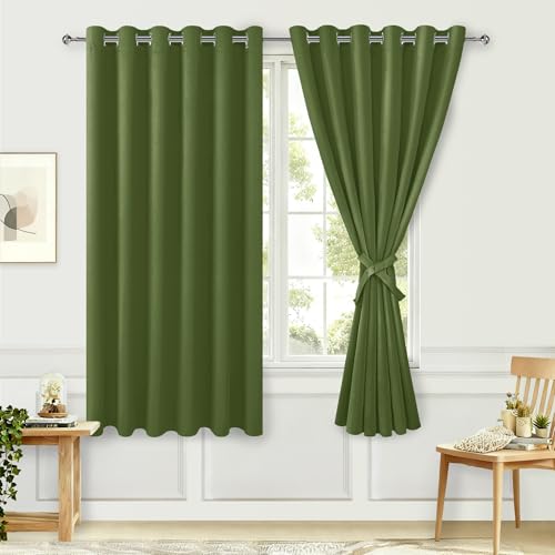Hiasan Room Darkening Curtains for Bedroom, 70 x 63 Inches - Thermal Insulated & Energy Saving Window Drapes for Living Room/Dorm Room, Set of 2 Panels Sewn with Tiebacks, Olive Green
