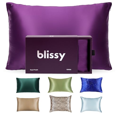 Blissy Silk Pillowcase - 100% Pure Mulberry Silk - 22 Momme 6A High-Grade Fibers - Silk Pillow Cover for Hair & Skin - Regular, Queen & King with Hidden Zipper (Standard, Royal Purple)