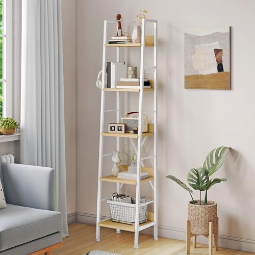 YITAHOME Slim Bookcase with 5 Levels, 35 cm Wide, Industrial Ladder Shelf, Standing Shelf, Wooden Shelves and Metal Frame, Modern Shelf for Living Room, White and Oak