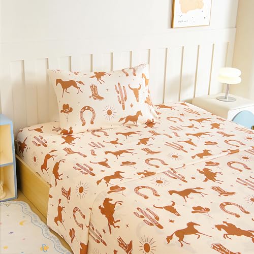 Homilay Twin Sheet Set Kids - Cowboy West Horse Rattlesnake 3 Pieces Soft Microfiber Cartoon Style Bedsheets for Boys Girls Teens, Oeko TEX, Breathable Deep Pocket Sheets(Yellowstone)