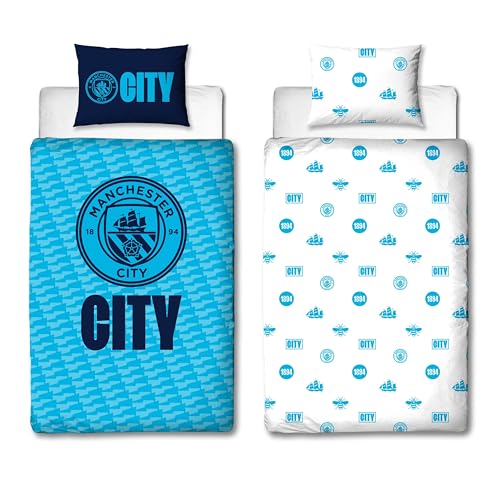Manchester City FC Official Single Duvet Cover Set, Crestcol Design - Blue Reversible 2 Sided Football Bedding Cover Official Merchandise Including Matching Pillow Case