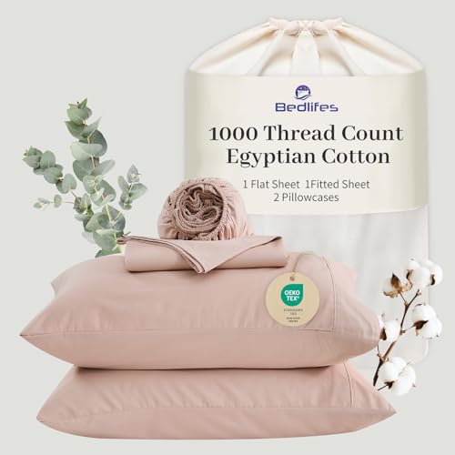 "Bedlifes Egyptian Cotton Sheets 1000 Thread Count Queen Size, 4-Piece 16"" Deep Pocket - Cooling & Breathable Ultra Soft Bedding for Hotel Comfort (Dusty Pink)"