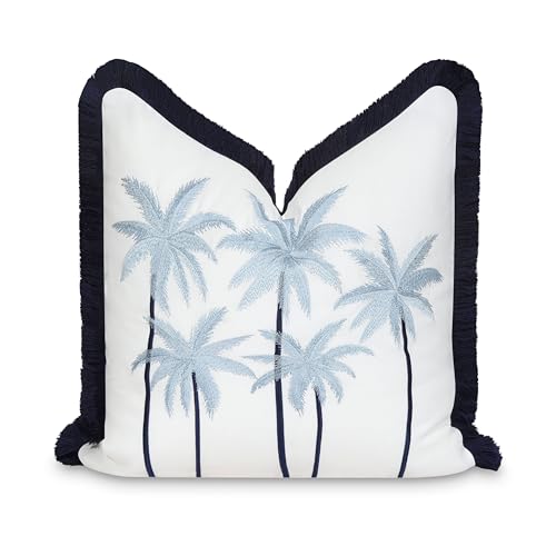 "Hofdeco Premium Coastal Patio Indoor Outdoor Throw Pillow Cover Only, 20""x20"" Water Repellent for Backyard, Couch, Baby Blue Embroidered Coconut Tree with Fringe"