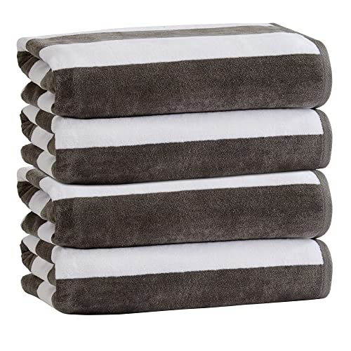 "100% Cotton Velour Cabana Stripe Beach Towel Set 30"" x 60"" - Ultra Soft, Plush, & Highly Absorbent Towels for Pool, Beach, & Swimming. Marina Collection (4-Pack, Charcoal)"