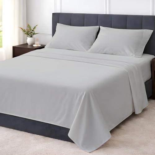 Shreem Linen California King 4 Piece Sheet Set, 1800 Ultra Soft Hotel Luxury Bedding, Breathable and Cooling, Deep Pockets Fit 8-16 Inch Mattress, Light Grey