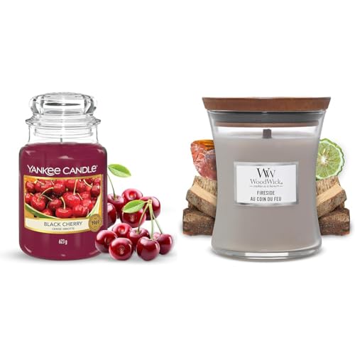 Yankee Candle Scented Candle - Black Cherry Large Jar Candle - Long Burning Candles: up to 150 Hours & Woodwick Medium Hourglass Scented Candle, Fireside, with Crackling Wick, Burn Time Up to 60 Hours