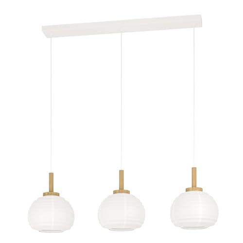 Eglo Pendant Lamp Summerhill, 3-Light Hanging Light Fixture for Dining Table, Japanese Style Room Light, Metal, Wood and Paper in White, FSC Certified, E27 Socket, 92.5 cm
