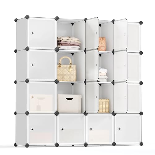 SONGMICS 16-Cube Storage Unit, Shoe Rack, Stackable Cubes, Plastic Closet Cabinet, Wardrobe, with Doors, for Bedroom, Office, Easy to Assemble, White LPC44BS