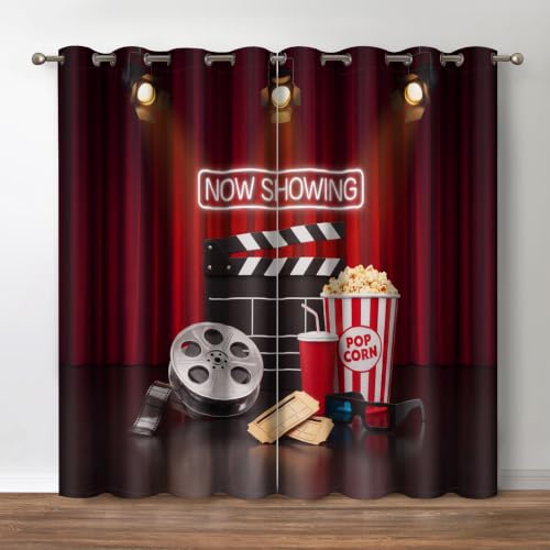 Jekeno Cinema Movie Night Window Blackout Curtain - 42x54 Inch Grommet Cinema Movie Night Blackout Curtain 2 Panel Set Clapperboard Popcorn For Home Bedroom Living Room