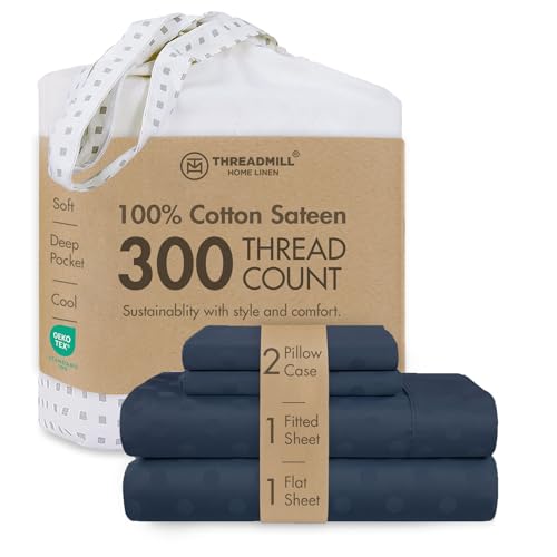 "Threadmill 300 Thread Count Cotton Full Sheet Set, Sateen, Jacquard, Blue - 100% Cotton, Sateen Weave, Jacquard Pattern, 4-Piece Set, 16"" Deep Pocket, Cooling, Fade-Resistant, OEKO-TEX Certified"