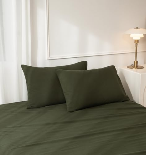 JIYUAN 100% Washed Cotton Pillowcases Set Envelope Closure Pack of 2, Linen Like Comfy and Breathable Textured Durable Bedding for All Seasons, King Size,Olive Green
