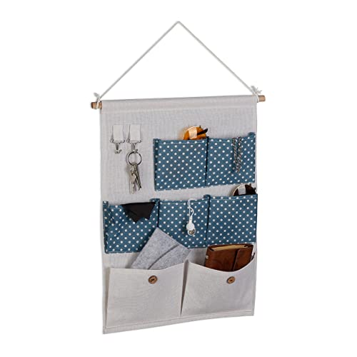 Relaxdays Hanging Organiser, 7 Compartments, 2 Hooks, Cotton, HxW: 60x39 cm, Wall, Bathroom, Hallway, Office, Creme/Blue