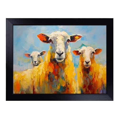 Lap Tray with Bean Bag Cushion, Sheep Impressionism - Handmade in the UK, Raised Wooden Edge, Padded Cushion, Heat-Resistant Wipe-Clean Surface, for Meals, Laptops and Crafts