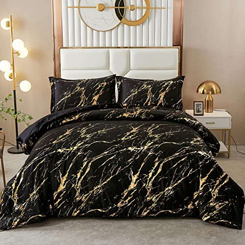 "WONGS BEDDING Black Gold Metallic Marble Comforter Set Queen Foil Print Glitter Bedding Sets with 2 Pillowcases for All Seasons, Soft Microfiber Filling Bedding Duvet Set 90""x90"""