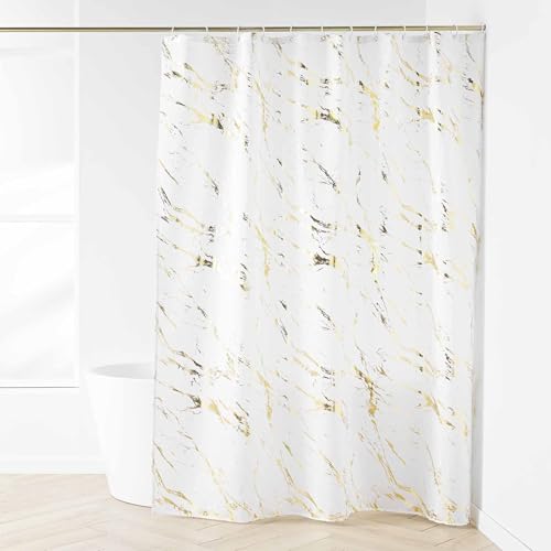 Douceur d'Intérieur, Shower Curtain with Hooks (180 x 200 cm) Aqua White Gold Polyester Metallic Printed