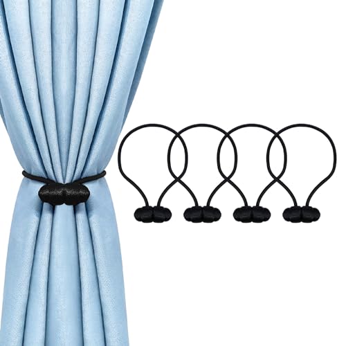 Tifanso Black Magnetic Curtain Tiebacks, 4pcs Polyester Ties for Curtains, Decorative Holdbacks for Drapes, Boho European Style, No Drill, Adjustable Length