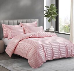 P Pothuiny 5 Pieces Satin Striped Duvet Cover Full/Queen Size Set, Luxury Silky Like Blush Pink Stripe Duvet Cover Bedding Set with Zipper Closure, 1 Duvet Cover + 4 Pillow Cases (No Comforter)