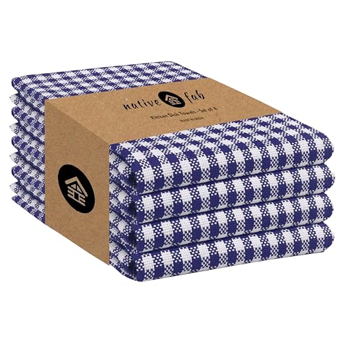 Native Fab 4-Pack Gingham Mini Check Tea Towel with Hanging Loop 38x63 cm, Cleaning Cloths, Bar Towels, Hand Towels, Soft & Absorbent Kitchen Towels for Fast Drying Glass & Plates, Blue White