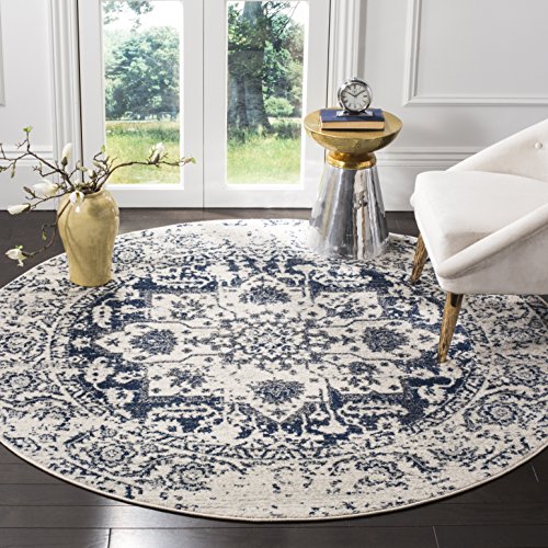 Safavieh Distressed Rug for Living Room, Dining Room, Bedroom - Madison Collection, Short Pile, in Cream and Navy, 120 x 120 cm