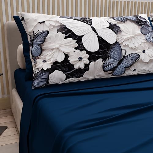 PETTI Artigiani Italiani - Cotton Sheets with Pillowcases in Digital Print, French Quarter, Complete Top and Bottom Sheet with Corners, Mariposa 03 Night Blue, 100% Made in Italy
