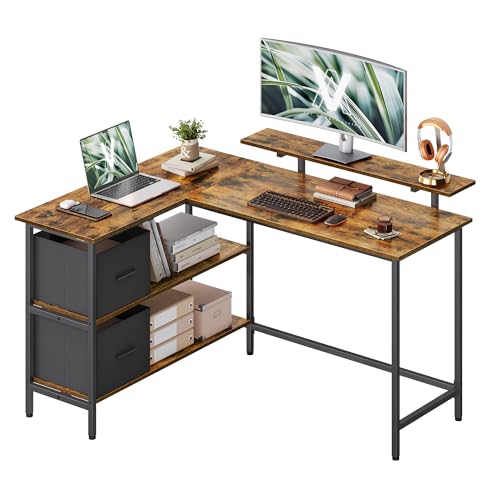 VASAGLE L-Shaped Desk with 2 Spacious Drawers, Gaming Desk with Monitor Stand, Corner Desk, Computer Desk with Adjustable Storage Shelf, for Home Office, Rustic Brown LWD098B01