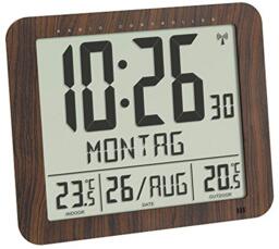 TFA Dostmann Radio Wall Clock Wood Look 60.4518.08 with Outdoor Transmitter Indoor and Outdoor Temperature Easy to Read with Date and Day of the Week Brown