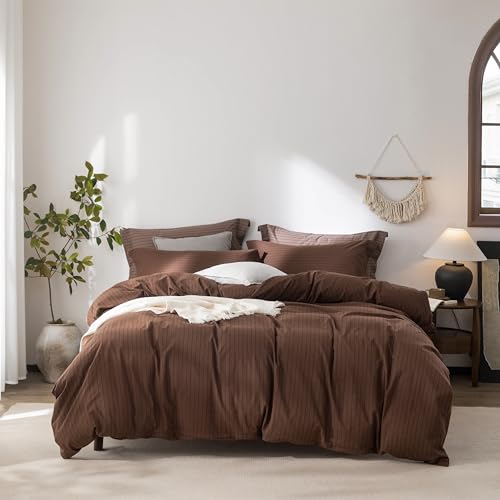 Warm Moment 3Pcs Cocoa & Black Striped King Duvet Cover Set Washed Cotton - Linen Feel Striped,1 Duvet Cover & 2 Pillow Shams,Hidden Zipper,Soft Breathable,Lightweight,8 Corner Ties