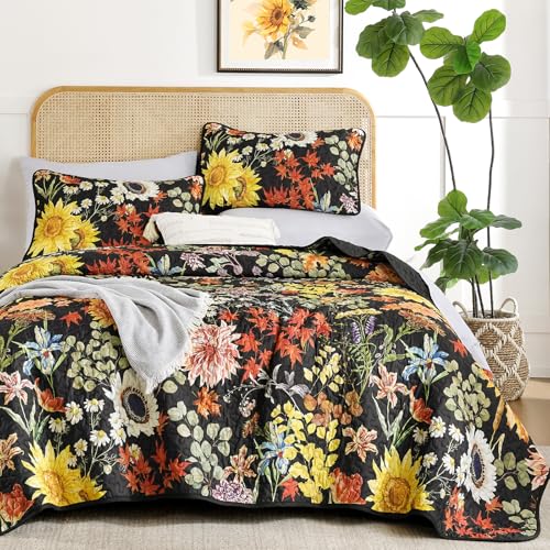 Yiran Black Yellow Full Size Quilt, Sunflower Floral Bedspread Bedding Set, 3 Pieces Botanical Soft Lightweight Microfiber Coverlet with 2 Pillow Shams for All Season 78x90 Inch