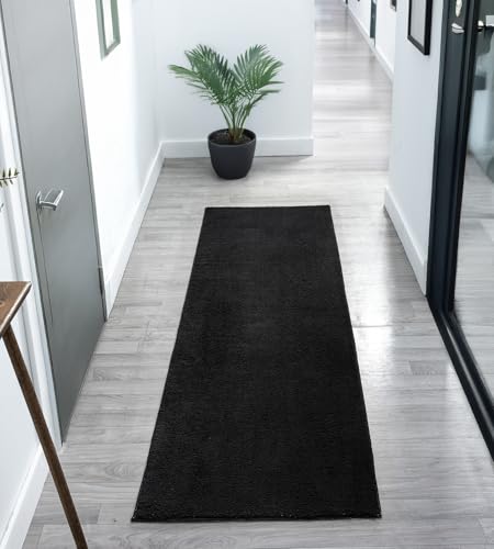 Rugs by Desire Comfy Washable Modern Living Room Rug Polyester Plain Indoor Area Rug with Low Pile - Anti-Slip Felt Backing SuperSoft Carpet Bedroom-Hallway, Black, 60x200 cm
