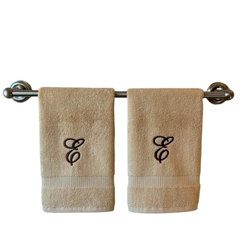 Decorvo Beige Monogrammed Hand Towels for Bathroom - Luxury Hotel Quality Personalized Initial Embroidered Towel for Powder Room, Spa - GOTS Organic Certified - Set of 2 Brown Letter E