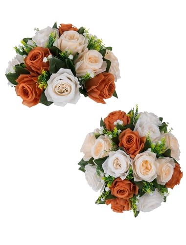 BLOSMON Flower Balls for Centerpieces Decoration: 2 Pcs Terracotta Artificial Rose Kissing Balls for Table - Fall Fake Silk Floral Bouquet with Base Arrangements for Home Party Room DIY Decor