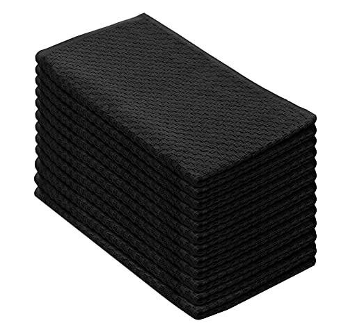 COTTON CRAFT - 12 Pack Black EuroCafe Waffle Weave Terry Kitchen Towels 16x28, 100% Ringspun 2 Ply Cotton Highly Absorbent Low Lint, Professional Grade 400 Grams, Multi Purpose Bar Mops Hand Towel
