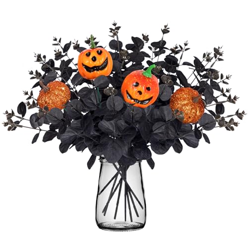Yen Jean 12PCS Black Halloween Pumpkin Decor Artificial Flowers: Eucalyptus Branches Stems Table Centerpieces Indoor Decorations