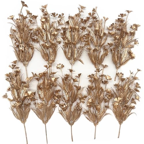 Artificial Golden Plants Decor, Fake Glitter Clover Stem Plastic Flowers Faux Simulation Good Luck Grass Stems Twigs for Wedding Picks Decoration DIY Wreath Crafts Christmas Tree Filler - Gold 10 Pcs