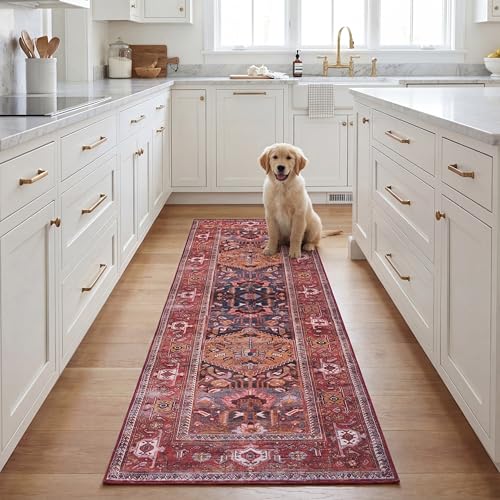 Safavieh Traditional Rug Ideal for High Traffic Areas - Machine Washable and Non Slip - Tucson Collection, Short Pile, in Rust and Marine Blue, 91 x 153 cm