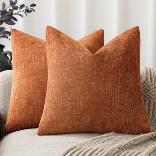 Foindtower Pack of 2 Soft Textured Chenille Throw Decorative Pillow Covers Square Accent Solid Cushion Cover Cozy Neutral Farmhouse Pillow Case for Couch Sofa Bedroom Living Room 22x22 Inch,Orange