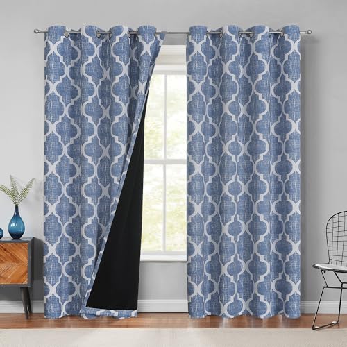 Beauoop Moroccan 100% Blackout Curtains Bedroom Blue 50x96 2 Panels - Geometric Room Darkening Drapes for Living Room 96 Inch Long Thermal Insulated Soundproof Lattice Window Treatment Grommet