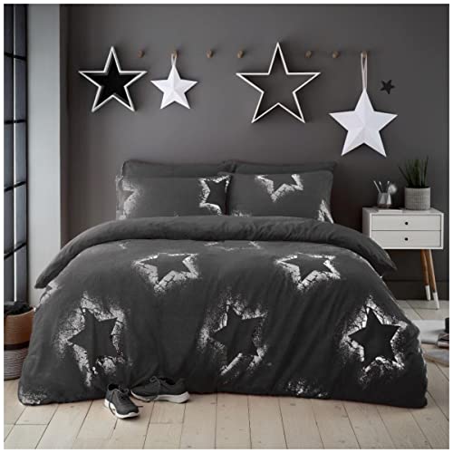 GC GAVENO CAVAILIA Luxury Teddy Sparkling Stars Duvet Set, Premium Cuddly Warm Fluffy Fur Fleece Quilt Bed Cover Set, Double, Charcoal