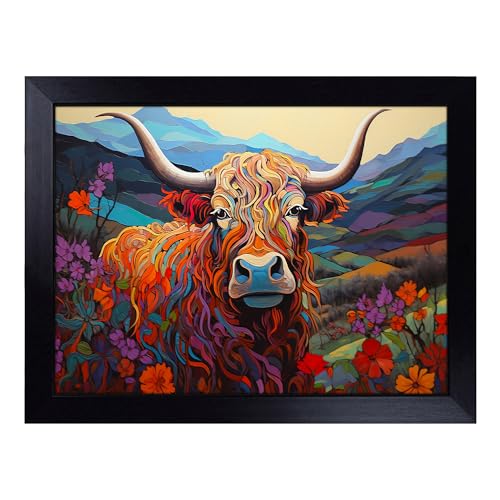 Lap Tray with Bean Bag Cushion, Highland Cow Hard Edge - Handmade in the UK, Raised Wooden Edge, Padded Cushion, Heat-Resistant Wipe-Clean Surface, for Meals, Laptops and Crafts