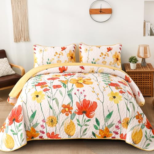 "Anibedding Quilt Set Full Size, Yellow Floral Reversible Bedspread Soft Microfiber Lightweight Full Quilt Bedding Sets Reversible Coverlet for All Season(78""x90"")"