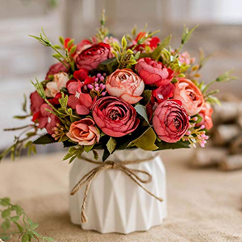 TKAS Artificial Flowers Fake Flowers Silk Rose Bouquets Decoration with Ceramics Vase for Table Home Office Wedding (Red Bud)