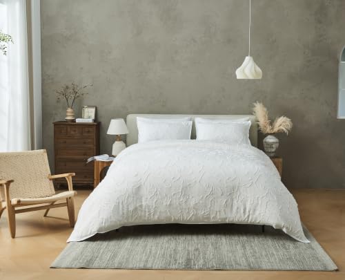 GC GAVENO CAVAILIA Leaf Duvet Cover Double With Pillow Cases, White - Comfortable, Breathable Hypoallergenic Double Duvet Cover Set - 3Piece Reversible Bedding Quilt Cover Bed Set, 200x200cm