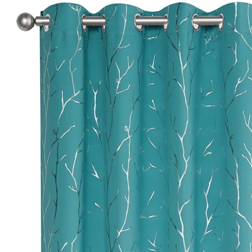 BUHUA White Black Out Curtains 72 Inch Long 2 Panels, Soundproof Curtains with Elegant Silver Tree Branches Print, Heat Blocking Curtains for Livingroom, 52W x 72L, Teal Blue