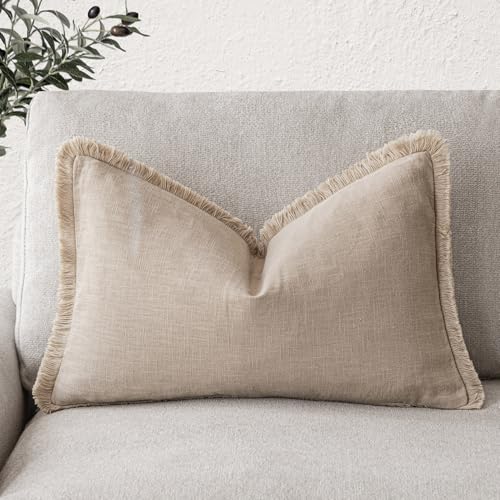 Foindtower Decorative Linen Fringe Throw Pillow Covers Cozy Boho Farmhouse Cushion Cover with Tassels Soft Accent Pillowcase for Chair Sofa Bed Living Room Home Decor, 12??24 Inch, 1PC,Tan Beige