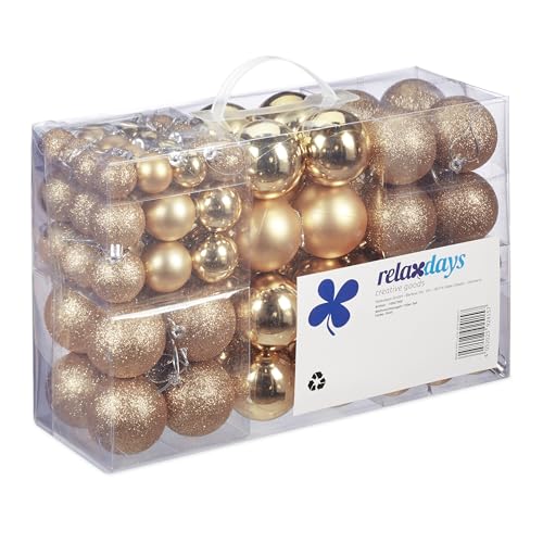 Relaxdays Christmas Baubles Set of 100, Festive Ornaments, Matt, Shiny, Glitter, Tree Balls ∅ 3, 4 & 6 cm, Champagne