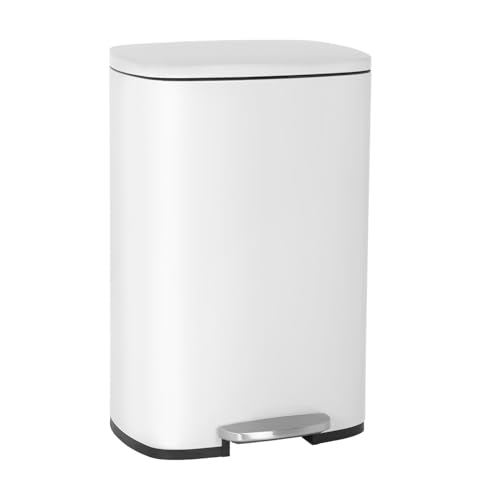 BestOffice 50 L Garbage Can Kitchen Trash Can with Lid for Office Bedroom Bathroom Step Trash Bin Fingerprint-Proof Brushed Stainless Steel???White