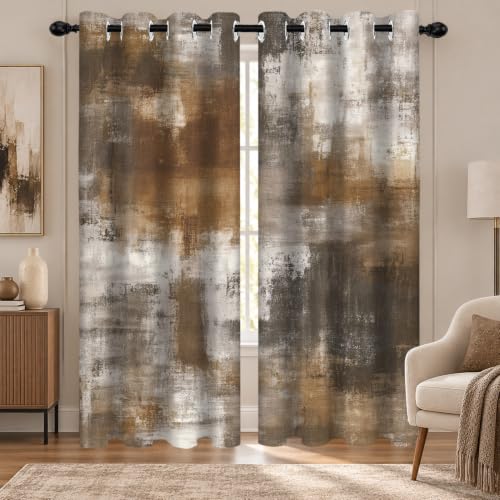 Sokdcam Brown Blackout Curtains, Ombre Grey and Brown Abstract Oil Painting Art Window Curtains for Living Room Modern Room Darkening Grommet Curtains, 52X84 inch, 2 Panels